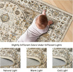 5x7 Area Rugs, Stain Resistant Machine Washable Area Rugs with Non-Slip Backing, Vintage Rugs for Bedroom, Living Room, Large Soft Low Pile Area Rug (Beige/Brown, 5'x7')