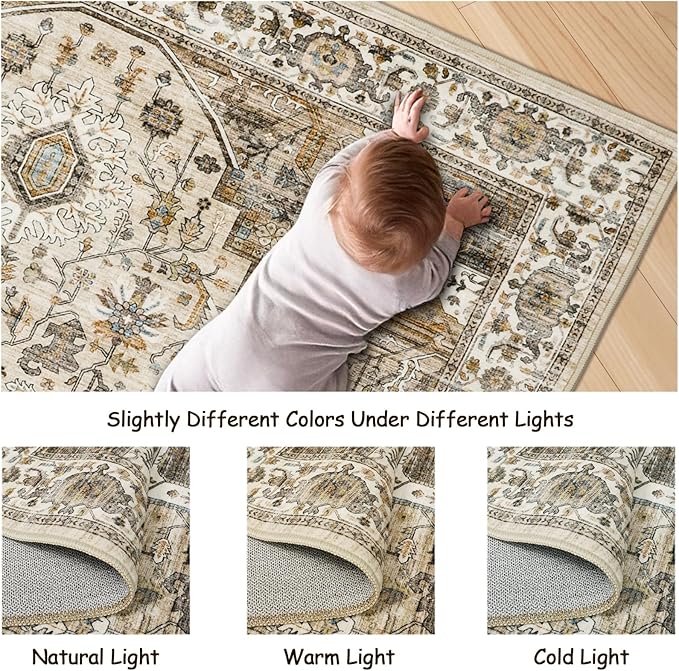 6x9 Rug, Stain Resistant Washable Area Rugs with Anti-Slip Backing, Vintage Large Bedroom, Living Room Rugs, Foldable Soft Rug (Beige/Brown, 6'x9')