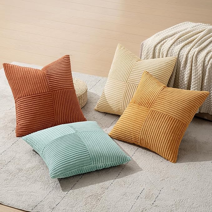 MIULEE Boho Farmhouse Decorative Throw Pillow Covers 18x18 Inch 4 Packs Soft Vintage Pillow Cases Modern Corduroy Patchwork Cushion Covers for Couch Sofa Bed Home Decor, Teal-Rust