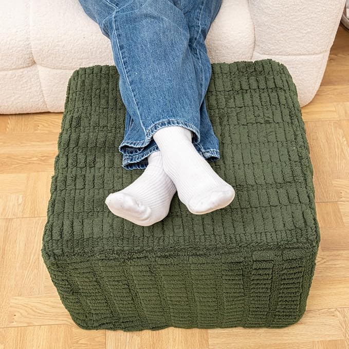 20x20x14 Inches Fluffy Square Pouf Ottoman - Plush Furry Boneless Ottoman Foot Rest Stool with High-Density Foam, Versatile Floor Seating for Living Room (Green)