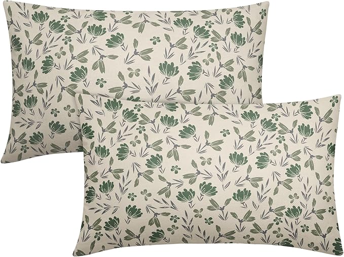 Sage Green Grey Floral Pillow Covers 12x20 Set of 2 Vintage Rustic Old Style Cute Small Flower Print Rectangle Decorative Outdoor Pillowcases Farmhouse Throw Cushion Case Decor for Couch Sofa Bed