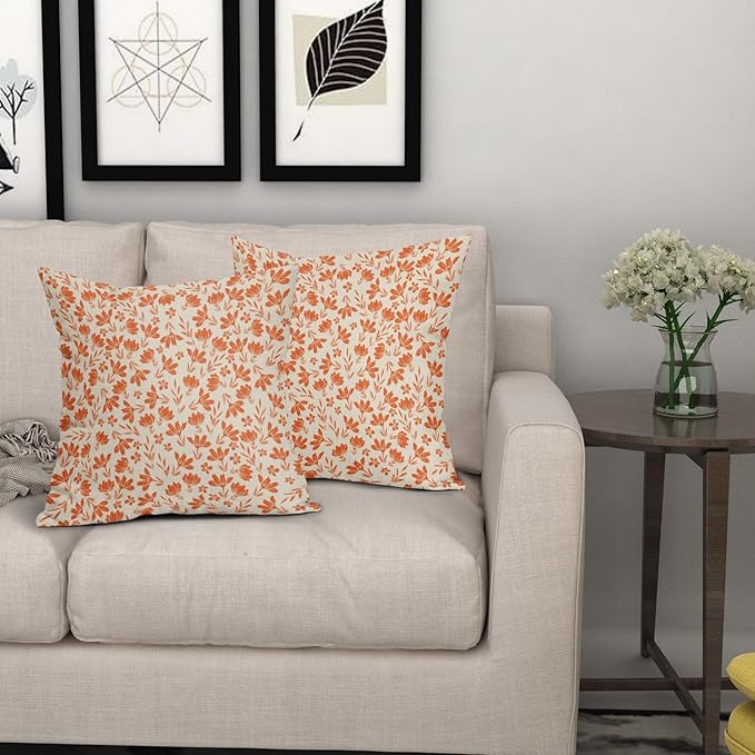 Orange Floral Pillow Covers 18x18 Set of 2 Vintage Rustic Old Style Cute Small Flower Orange Cream Print Decorative Outdoor Pillowcases Fall Farmhouse Throw Cushion Case Decor for Couch Sofa Bed