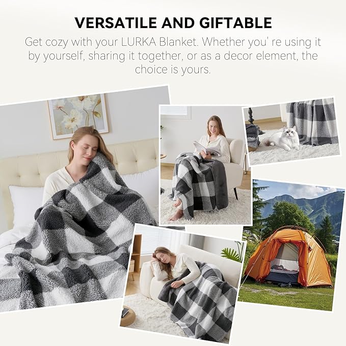LURKA Checkered Sherpa Fleece Throw Blanket – Soft and Cozy, Medium Weight for All Season, Plush Throw for Couch, Bed & Pets, Smoke Grey, 50x60 Inches