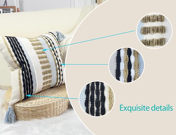 Boho Throw Pillow Covers 18x18 Aesthetic Neutral Boucle Couch Pillow Cover Rainbow Striped Decorative Accent Pillow Case for Couch Bed Sofa Farmhouse Bedroom,Modern Funky,Set of 2 Khaki