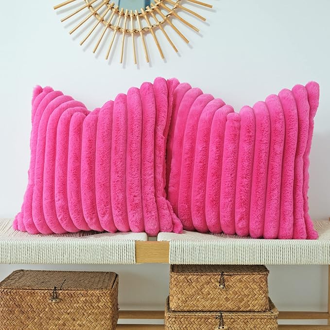 JOJUSIS Pack of 2 Faux Fur Plush Decorative Throw Pillow Covers Couch Cushion Case Soft Pillowcases (Hot Pink, 24 x 24-Inch)
