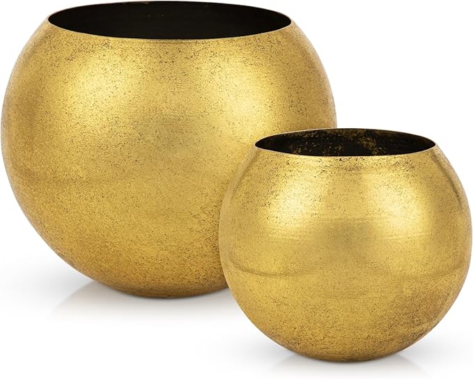 Oairse Round Gold Metal Flower Pots - 2 PCS Galvanized Planters with Drainage Hole Farmhouse Rustic Garden Rustproof Vintage Metal Plant Pot for Flowers Plant Herb Home Centerpieces Table Decorations