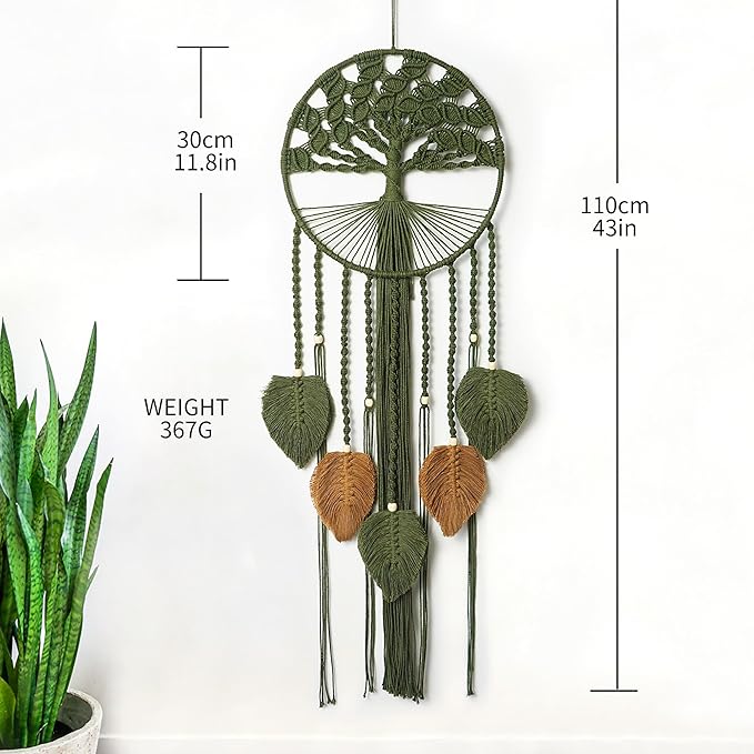 Large Tree of Life Dream Catchers, Macrame Wall Hanging, Boho Woven Tapestry, Macrame Wall Decor Art for Adults Boys Girls Bedroom Wedding Party, Festival Blessing Gift (Green & Brown)