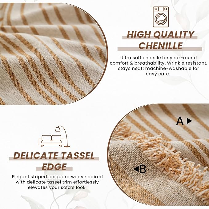 VClife Large Sofa Cover Chenille Couch Cover for 2 Cushion Couch Sofa, Modern Beige Khaki Striped Couch Covers for Kids Washable Sectional Sofa Protector with Tassel 71"X118"