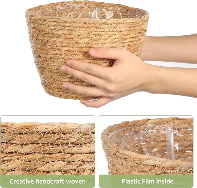 Woven Flower Basket Plant Pot with Plastic Liner Indoor Outdoor Decorative Rattan Planter for Small Plants Succulents and Home Garden