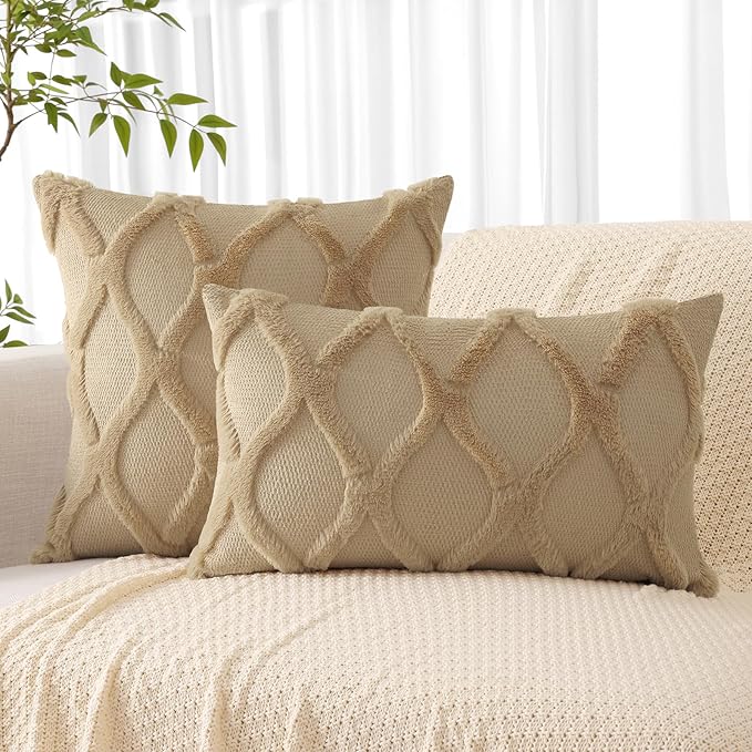 decorUhome Spring Throw Pillow Covers 16x16 Inch Set of 2, Soft Plush Faux Fur Wool Khaki Accent Couch Pillow Covers for Modern Farmhouse Bed Sofa Living Room