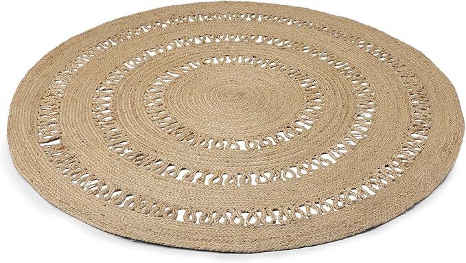 · REDEARTH · Round Area Rug - 5 Feet Braided Scalloped Earthy Trails Jute Rug- Artisan Made Boho Jute Patterned Rugs for Bedroom, Kitchen, Living Room, Farmhouse, Aesthetic, Handmade Vintage Décor