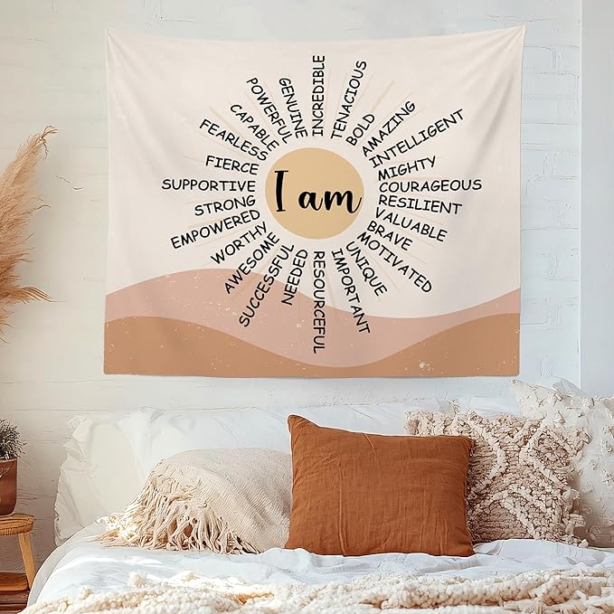 MNOSAIOO Inspirational Boho Sun Wall Tapestry Hanging for Classroom Kids, I Am Brave Important Tapestry, Motivational Mental Health Tapestries Wall Decor for Bedroom Therapy Office Home 60x50 inch