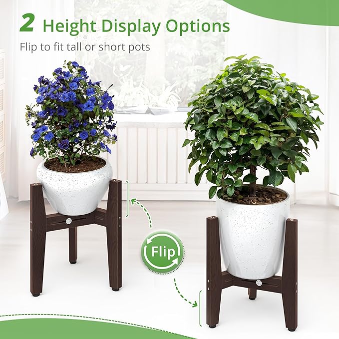 LUE BONA 2 Pack HDPS Plant Stand, Adjustable Plant Stand Indoor for 8-12 Inches Pots, Mid Century Modern Plant Holder for Indoor, Outdoor, Coffee Brown