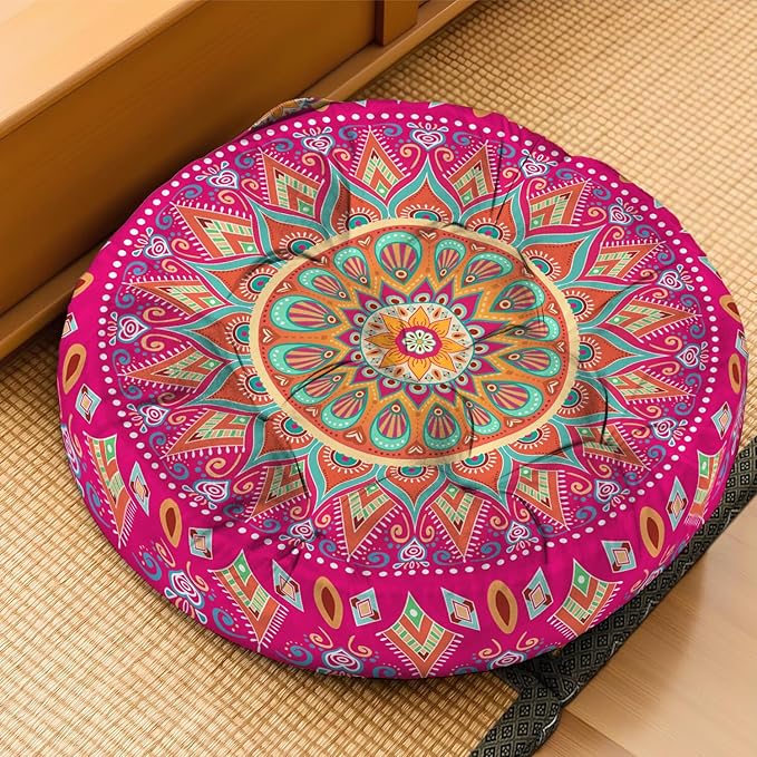 Mandala Meditation Cushion, Boho Meditation Mat, Meditation Pillows for Sitting on Floor, Cushions for Sitting in Home and Outdoor, Round Floor Pillows Cushion Seating for Yoga Accessories 22'' X 22''
