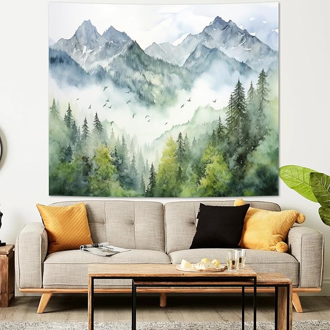 Atrippy Nature Forest Mountain Wall Tapestry for Bedroom, Large Green Misty Foggy Sage Trees Room Decor Tapestries Aesthetic, Landscape Backdrop for Living Room Dorm Office 60x79 Inches