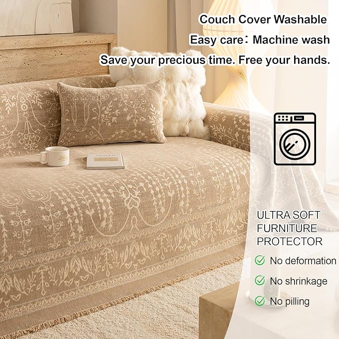 ROOMLIFE Couch Cover Boho Sofa Covers for 3 Cushion Couch Washable, Furniture Protector Sofa Couch Cover for Dogs, Soft Breathable Sofa Slipcover, Couch Throw Blankets with Tassels 71''X118''