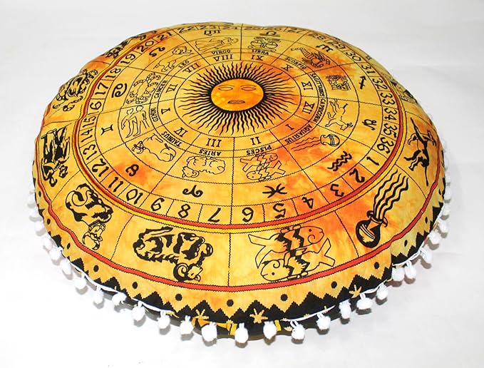 CRAFT KALA Boho Large Floor Pillow Pouf Cover Mandala Meditation Room Pillow Cover for Adults Round Bohemian Seating Pouf Cushion Cover for Kids Playroom 22" Yellow Zodiac