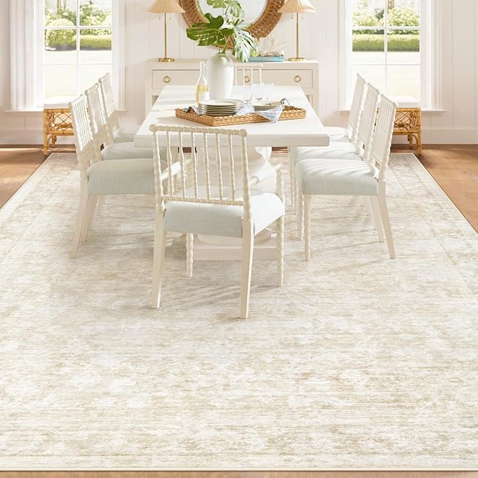 9x12 Area Rugs for Living Room: Washable Large Vintage Floral Rug Low Pile Non-Slip Boho Carpet for Bedroom Dining Home Office (Beige, 9'x12')