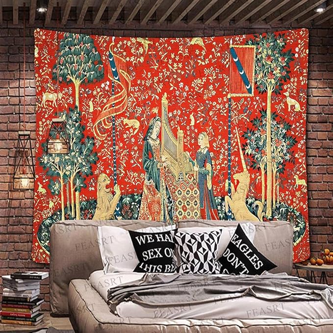FEASRT European Royal Unicorn with Lion Tapestry, Maiden and Lady, Large 100x90 Inches Soft Flannelette, for Bedroom Living Room Dorm
