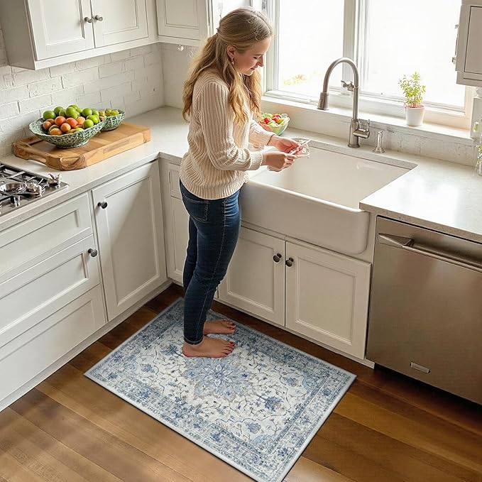 Area Rugs 2'x3' Kitchen Rugs Entry Rug Small Rugs for Entryway Kitchen Bathroom Door Mat Indoor Entrance,Washable Non Slip, Light Blue Navy Beige Gray White
