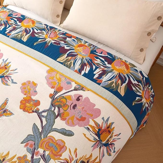 Boho Throw Blanket - 100% Cotton Soft Spring Throw Blanket for Bed, 50"x60" Reversible Breathable Lightweight Blankets, All Seasons Farmhouse Decor Floral Plant Butterfly Throw Quilt
