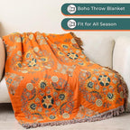 King Throw Blanket for Bed Couch,100% Organic Cotton Reversible Soft Quilt, Orange Floral Breathable Lightweight Blankets,90"×108" Extra Large Sofa Throws for 3 4 Seater with Tassels,Teal
