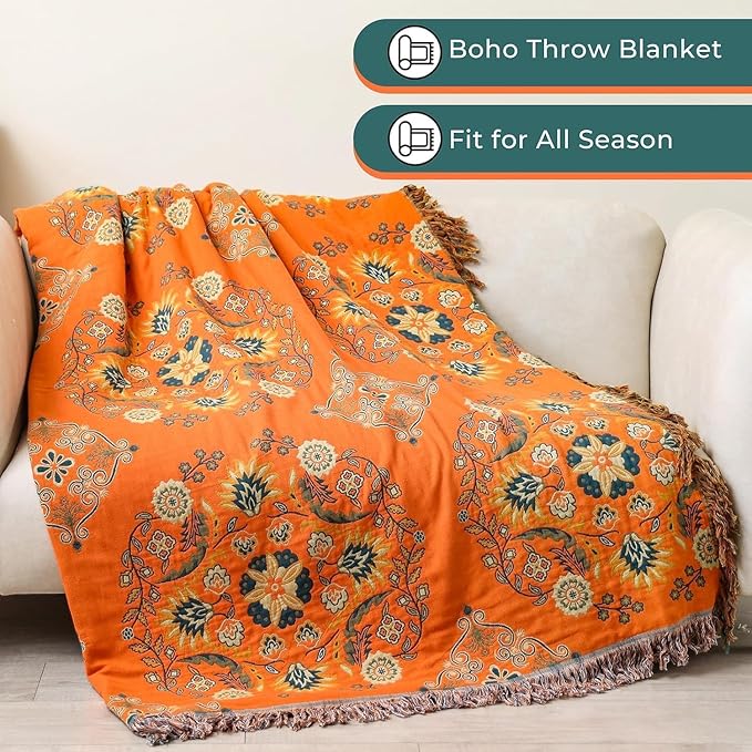 Throw Blankets Queen Size for Bed Couch,100% Cotton Soft Lightweight Blanket Rustic Quilt -Orange Floral Printed Farmhouse Decor Bed All Season Blankets,80"×90"