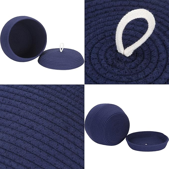 Sea Team Round Cotton Rope Storage Basket with Lid, Decorative Woven Storage Bin, Pot, Caddy, Organizer, Container for Snacks, Towels, Plants, 13 x 9 Inches (Large, Dark Blue)