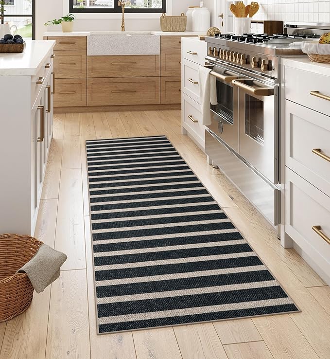 Lahome Elance Striped Easy Jute Kitchen Runner, 2x6 Washable Rug Runners for Hallways Non Slip Entryway Rug, Farmhouse Neutral Indoor Outdoor Black Carpet for Laundry Room Front Porch