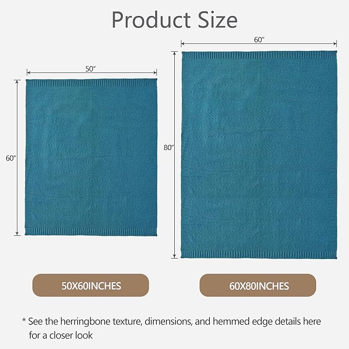 Knitted Throw Blanket 50"X60", Teal Knit Throws for Bed, Super Soft Boho Chevron Blankets for Couch Sofa Chair Room Decor, Textured Decorative Farmhouse Cozy Lightweight