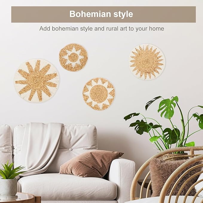 4 Pack Boho Wall Basket Decor Set, Hanging Woven Gourd Grass Rattan Wicker Boho Wall Decor, Round Farmhouse Wall Hanging Baskets Rustic Flat Wall Art for Living Room Bedroom Kitchen (Style 11)