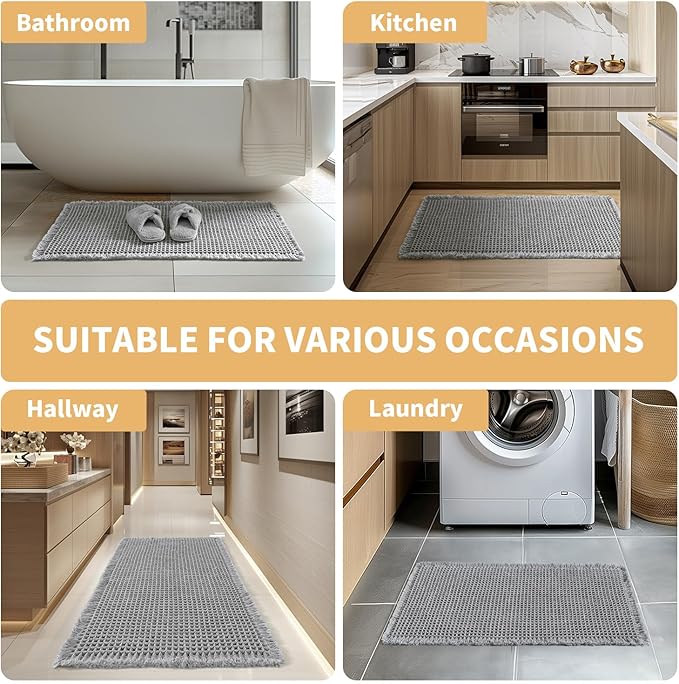 MIULEE Set of 2 Waffle Bathroom Rugs, Boho Bath Rugs Non Slip Washable, Super Absorbent Bath Mats, Ultra Soft Rubber Backed Shower Mats for Bathroom Floor, Tub and Shower, Light Grey, 17x24 Inch