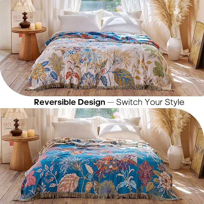 Boho Throw Blanket 60"x80" Floral Twin Bed Blanket with Sunflowers,100% Cotton Soft Breathable Lightweight Spring Decorative Tassel Reversible Blankets for Couch Sofa Decor All Season