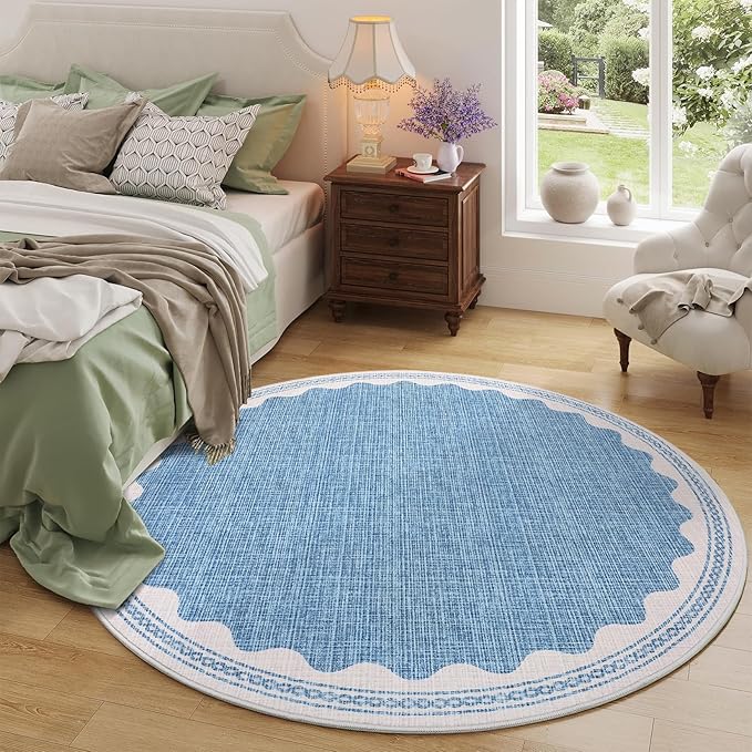 Scalloped Blue 4ft Round Rug Washable Non-Slip Soft Ultra-Thin Small Circle Modern Cottage Core Solid Tan Carpet for Entryway Kitchen Bedroom Nursery Dining Room