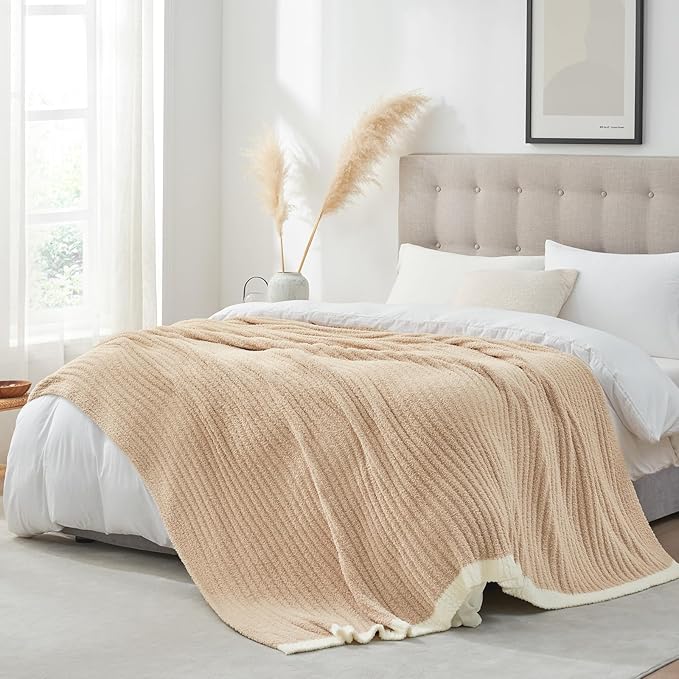 Snuggle Sac Luxury King Size Blanket for Bed, Cozy Soft Fuzzy Microfiber Knit Stripe Bedding Blankets, Beige, 108x90 inches