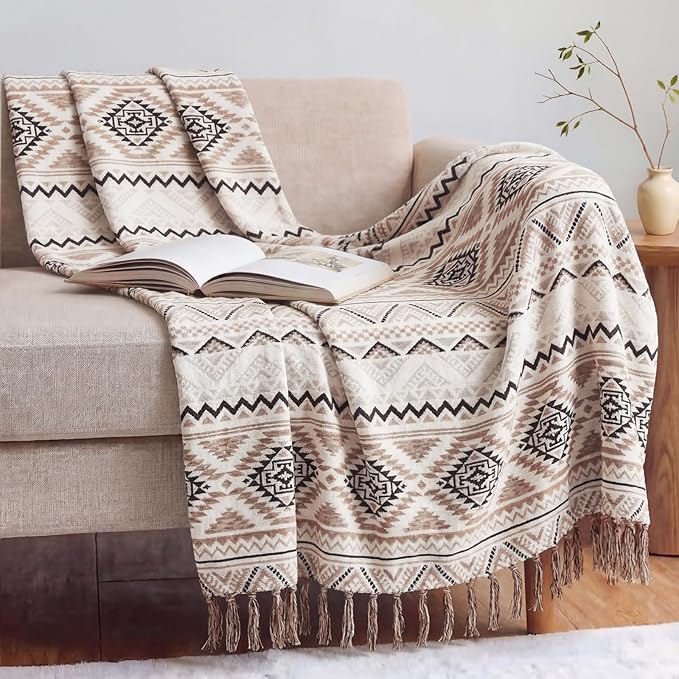 CASAAGUSTO Boho Throw Blanket - Brown White Decorative Blankets with Tassel, Printed Flannel Bohemian Blanket for Chair, Bed, Sofa, Couch(50 * 60, Brown White)