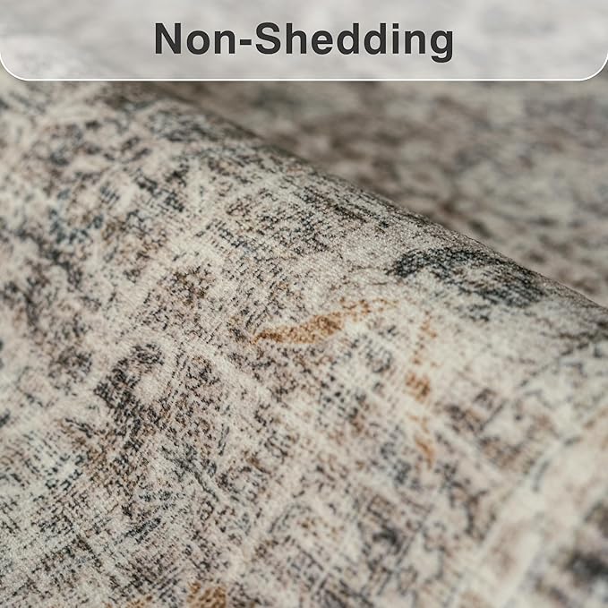 FMFUNCTEX 8x10 Washable Area Rug Vintage Neutral Distressed Large Taupe Non Slip Carpet for Living Room Bedroom Soft Low Pile Indoor Mat Retro Floral Throw Rug for Dining Room Kitchen Office Nursery