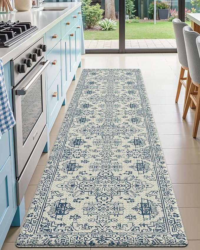 DEXI Kitchen Mats Cushioned Anti Fatigue, 23x86 Floor Padded Runner Rug Non Slip, Waterproof Standing Comfort Memory Foam for Front Sink Laundry, Blue White