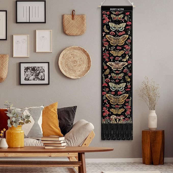Tegeme Vintage Tapestry 52 x 13 Inch, Long Vertical Wall Hanging Reference Illustrative Botanical Insect Tassel Tapestry for Bedroom Living Room Home Decoration (Poppy Moth)