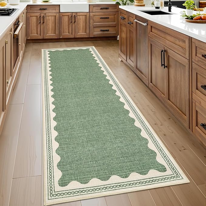 Scalloped Sage Green 2.5x8 Runner Rug for Hallway Washable Kitchen Rugs Non Slip Solid Tan Jute Modern Minimalism Soft Low-Pile Scalloped Indoor Carpet for Entryway Laundry Room Floor Mats