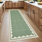 Scalloped Sage Green 2.5x8 Runner Rug for Hallway Washable Kitchen Rugs Non Slip Solid Tan Jute Modern Minimalism Soft Low-Pile Scalloped Indoor Carpet for Entryway Laundry Room Floor Mats