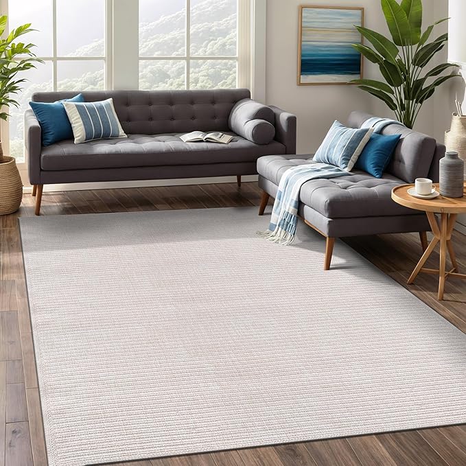 Beverly Rug Easy Jute Off White Rug 6x9 Solid Washable Durable Outdoor Indoor Area Rugs for Living Dining Room Patio Office Stain Resistant Non Shedding Casual Indoor Outside Carpet (6 x 9 Off-White)