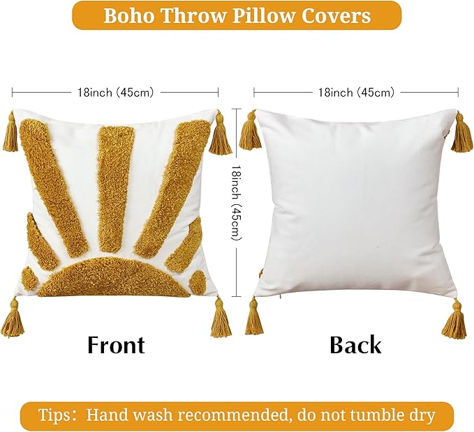 Boho Throw Pillow Covers 18x18 Inch Set of 1, Yellow Sun Tufted Square Pillow Covers with Tassels, Bohemian Farmhouse Decorative Cushion Cover for Couch Sofa Bedroom Living Room Home Decor