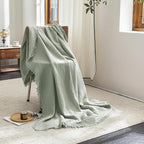 FOSSA Muslin Blanket with Fringe - 4-Layer 100% Cotton Gauze Super Soft & Breathable Throw -Lightweight Decorative Cooling Blanket for Bed, Sofa, Office (Sage Green, Oversize Queen (98" × 98"))