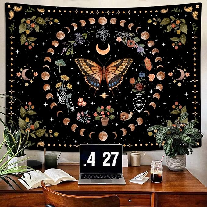 Aipon Yellow Butterfly Moon Flower Tapestry Botanical Floral Plant Boho Tapestry for Bedroom Aesthetic Vintage Tapestries Wall Hanging for Living Room Dorm (60.00'' × 80.00'', Yellow)