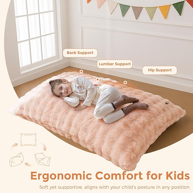 MAXYOYO 3 in 1 Kids Bean Bag Chair Bed, Child Floor Sofa for Gaming, Reading, Convertible Bean Bag Floor Cushion with Machine Washable Cover for Living Room Bedroom, Pink