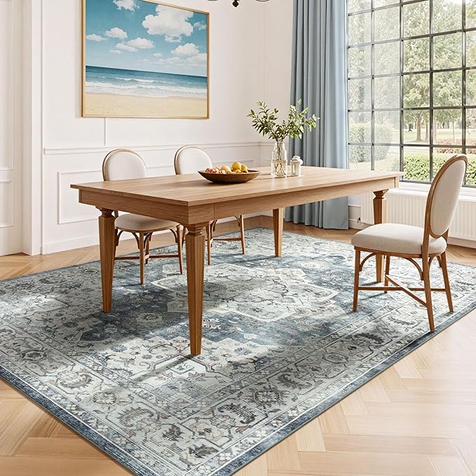 Lessymo Vintage Medallion Rug for Living Room 5x7, Machine Washable Area Rugs for Bedroom Dining Room Under Table, Soft Low Pile Carpet with Non Slip Backing, Blue Grey/Beige