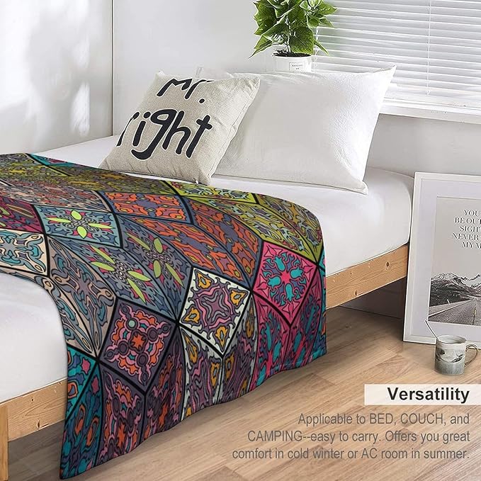 Hippie Bohemian Mandala Throw Blanket Indian Flower Floral Texture Print Blanket for Sofa Bed Couch Chair Or Dorm 40"x50"