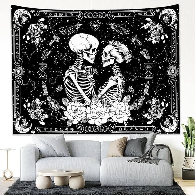 KJHL Black and White Gothic Witchy Skull Tapestry 44ʺ x 60ʺ Floral Constellation Skeleton Aesthetic Tapestries Wall Hanging for Bedroom Dorm