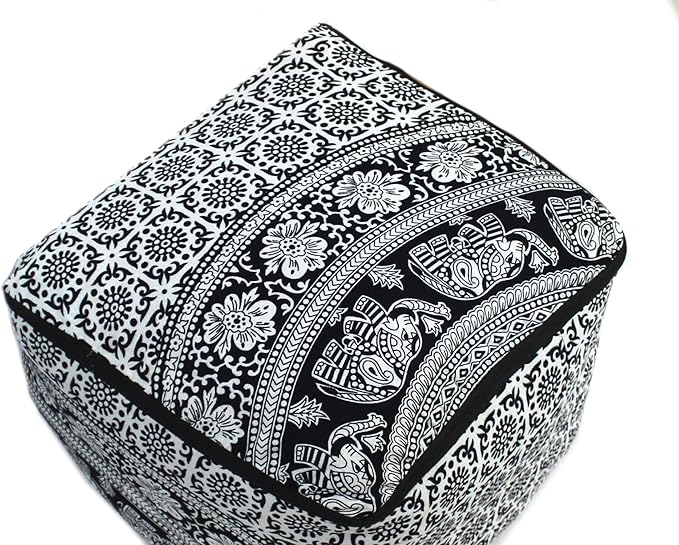 CRAFT KALA Square Mandala Floor Pillow Cushion Cover Seating Throw Cover Hippie Decorative Bohemian Ottoman Poufs Cover Pillow Cases Cotton Living Room Home Décor 22X22X14 inch, Black White Elephant